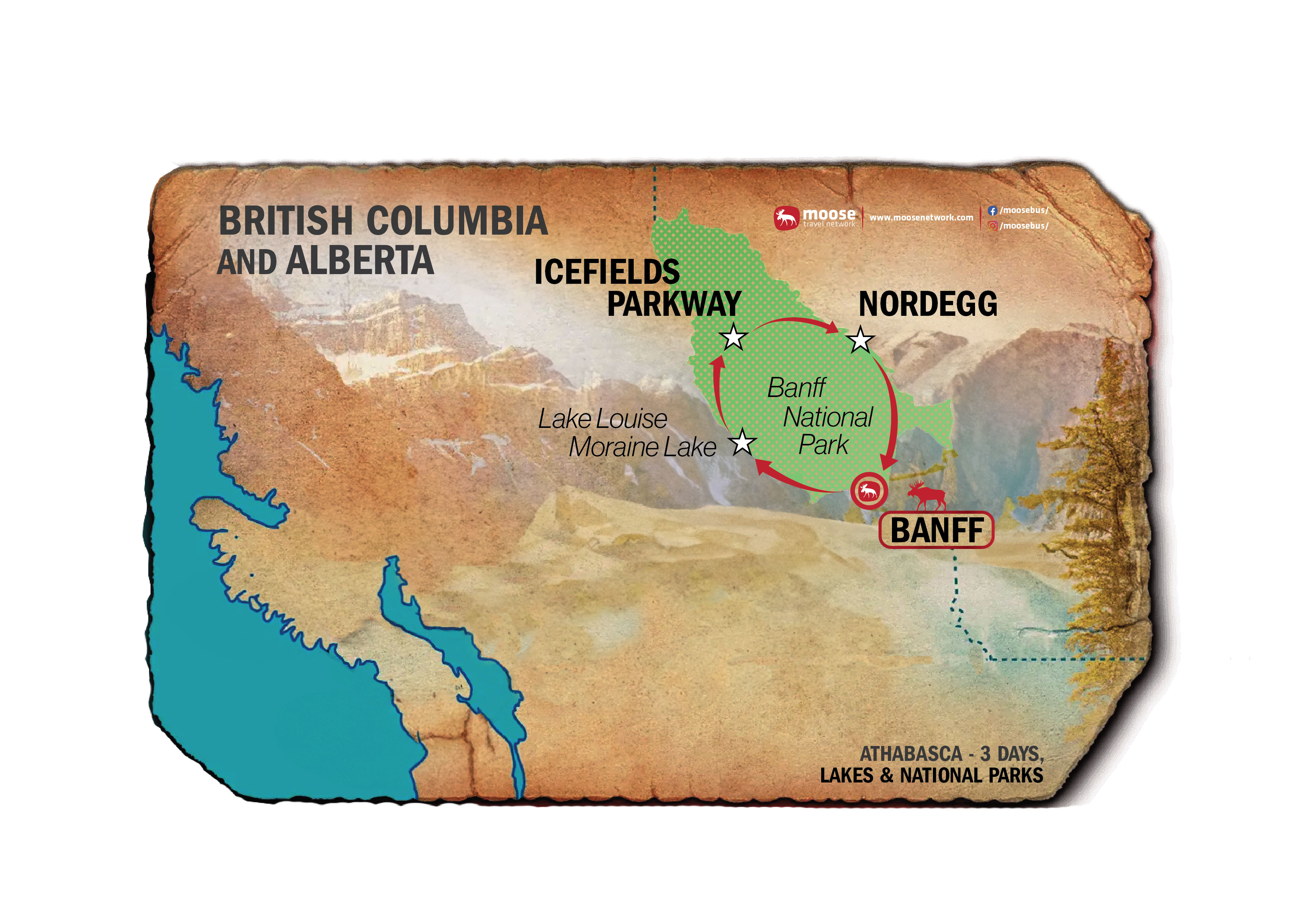 Moose Travel Network Map of Athabasca - Lakes & National Parks