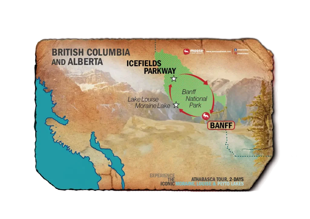 Map of the Athabasca tour, showcasing Moraine Lake, Lake Louise, and Peyto Lake.