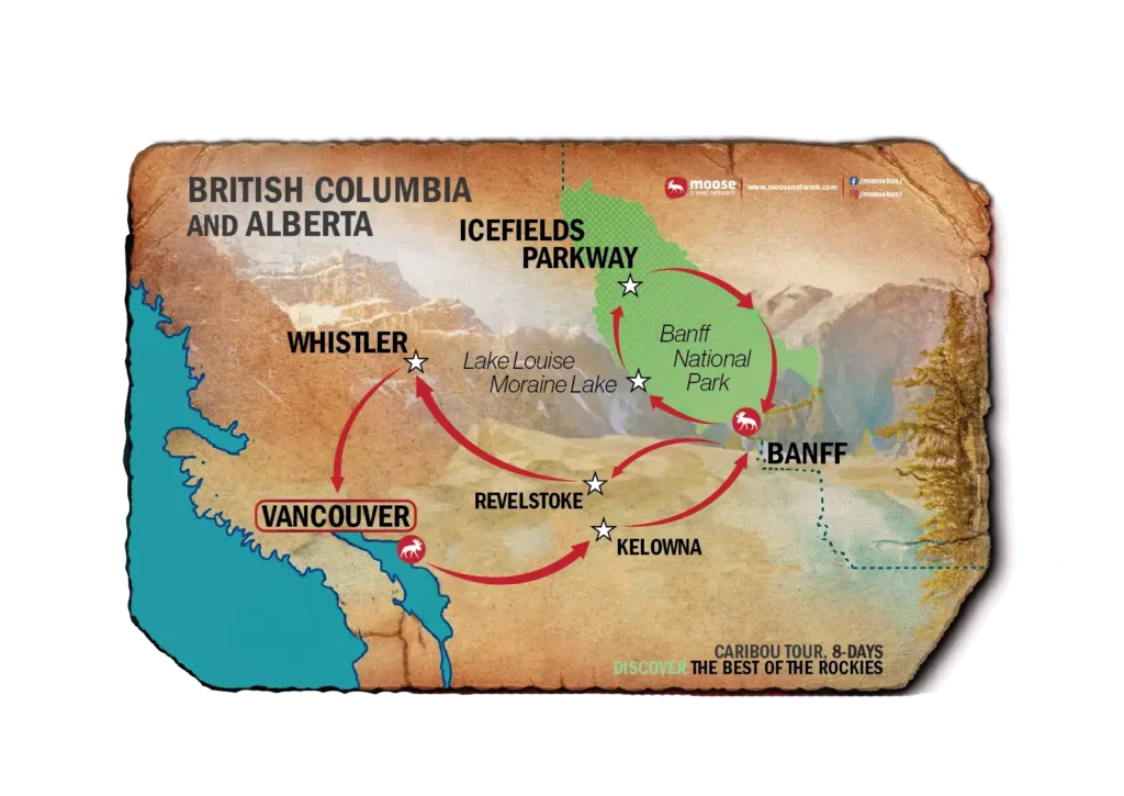 Map of the Caribou tour, showcasing highlights of the Canadian Rocky Mountains.