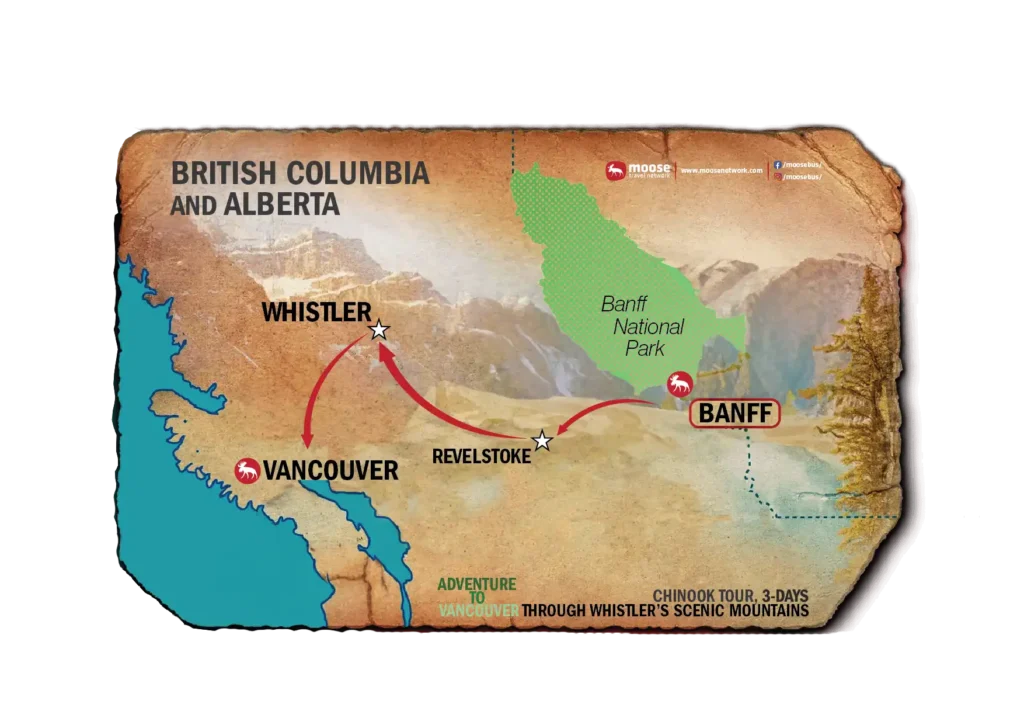 Map of the Chinook tour, an adventure through Vancouver and Whistler’s scenic mountains.