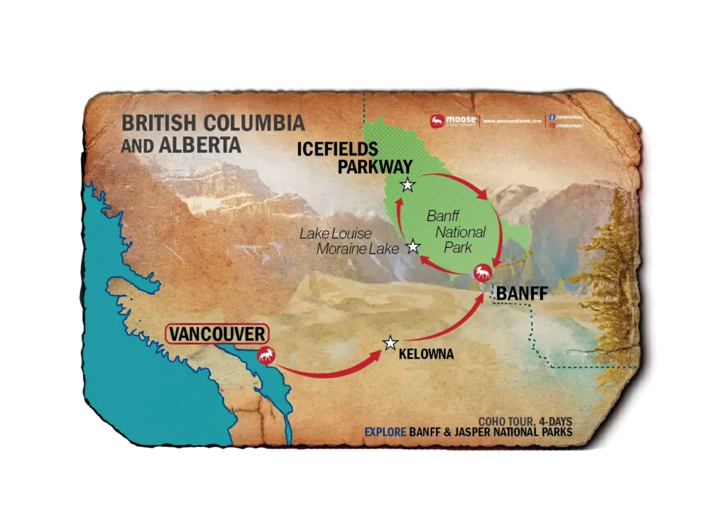 Map of the Coho tour (Banff Jasper Explorer), exploring Banff and Jasper National Parks.