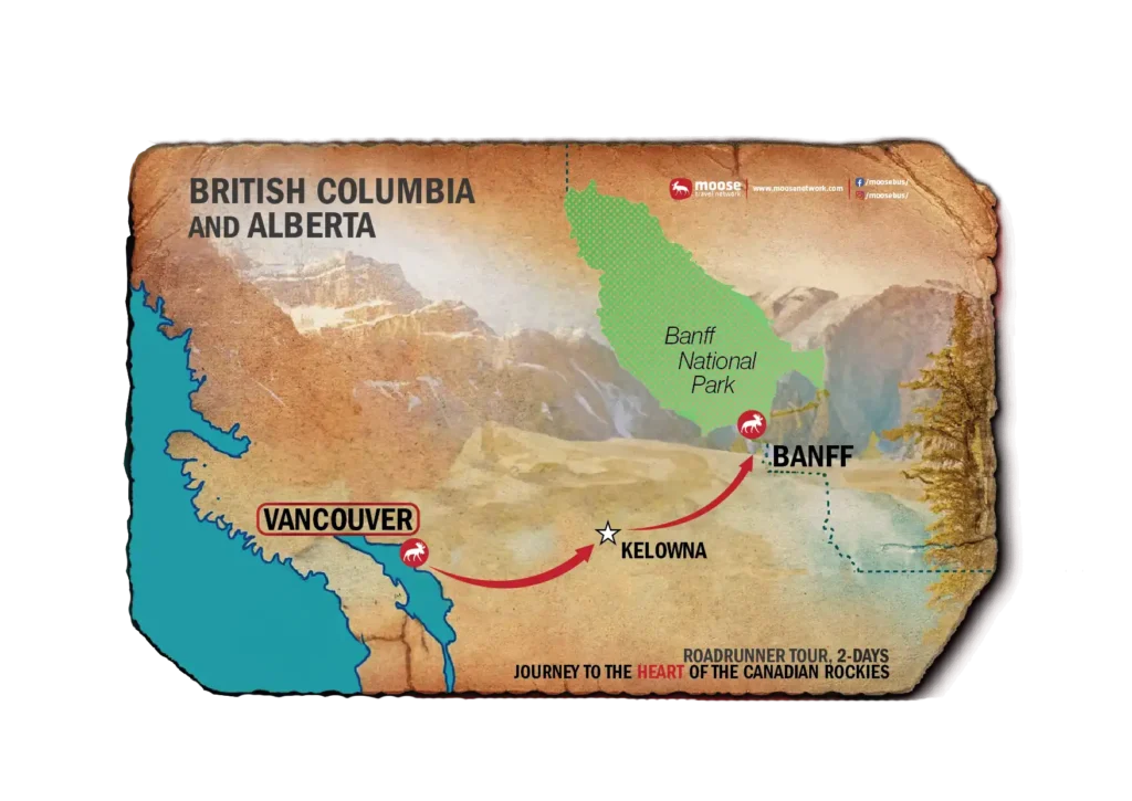 Map of the Roadrunner tour (vancouver to rockies tour), journeying through the heart of the Canadian Rockies.