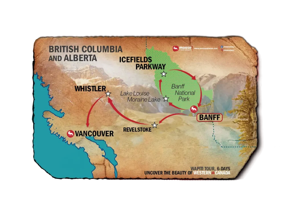 Map of the Wapiti tour, uncovering the beauty of Western Canada.