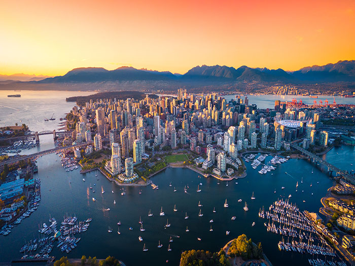 Beautiful aerial view of downtown Vancouver skyline, British Col