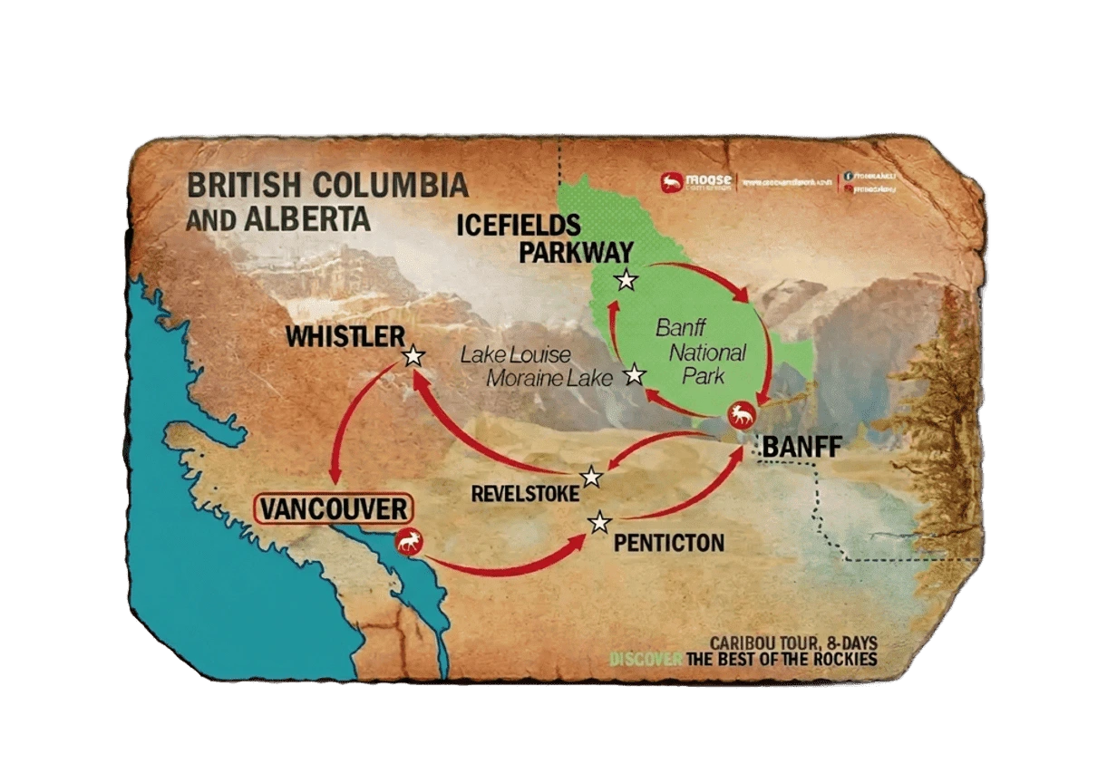 Caribou - Discover the Best of the Rockies | Canadian Rocky Mountain Tour Map of the Caribou tour, showcasing highlights of the Canadian Rocky Mountains.