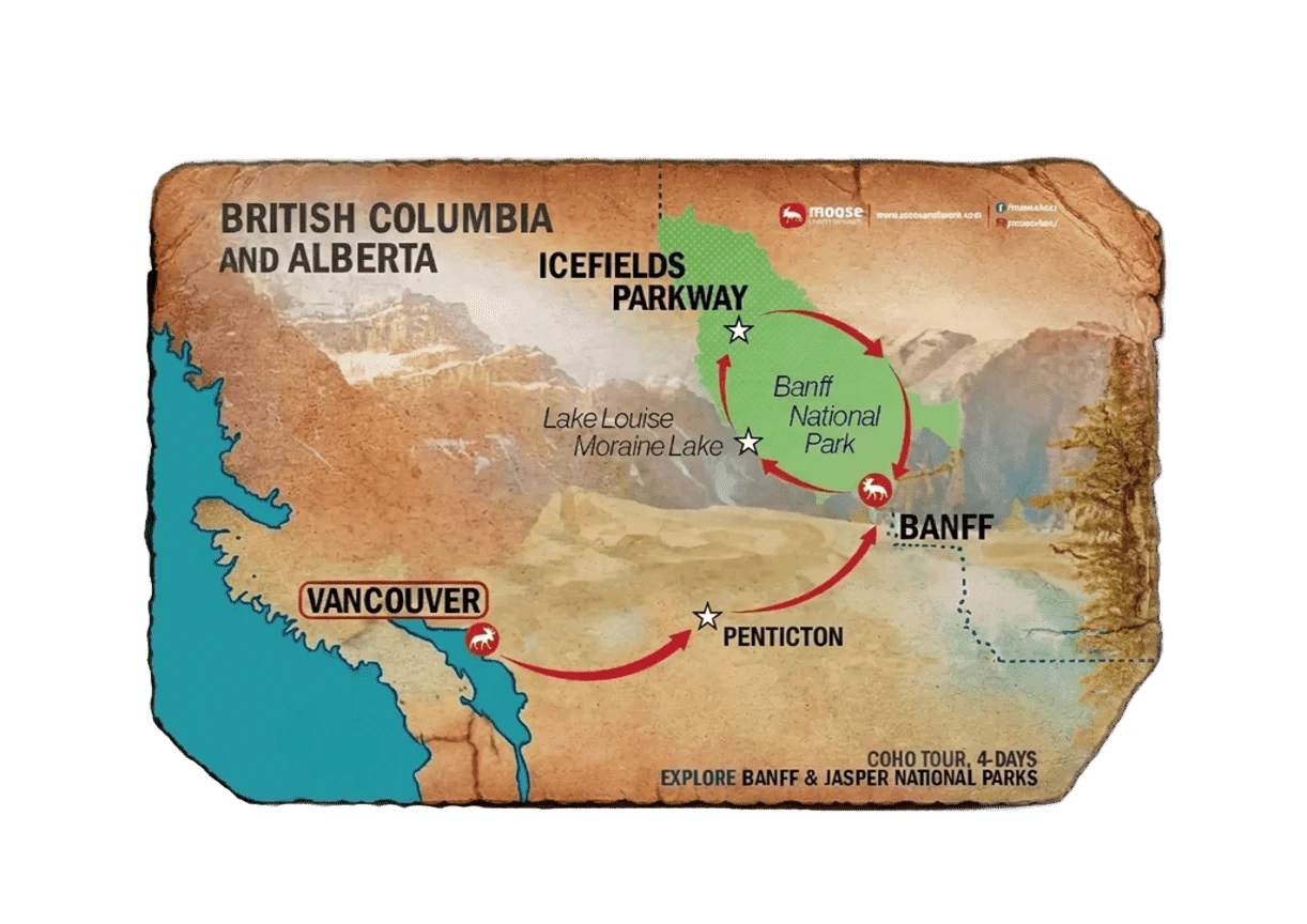 Map of the Coho tour (Banff Jasper Explorer), exploring Banff and Jasper National Parks.