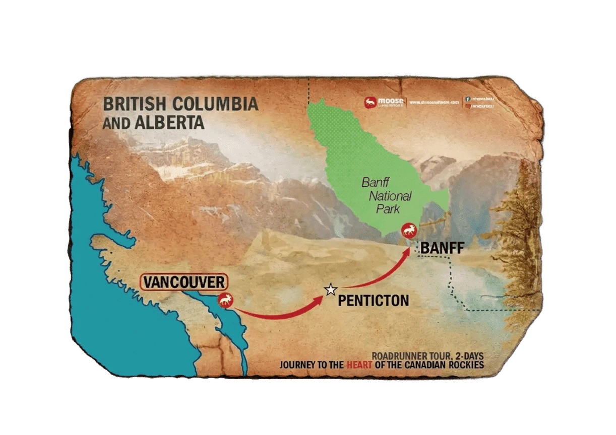Map of the Roadrunner tour (Vancouver to Rockies tour), journeying through the heart of the Canadian Rockies.